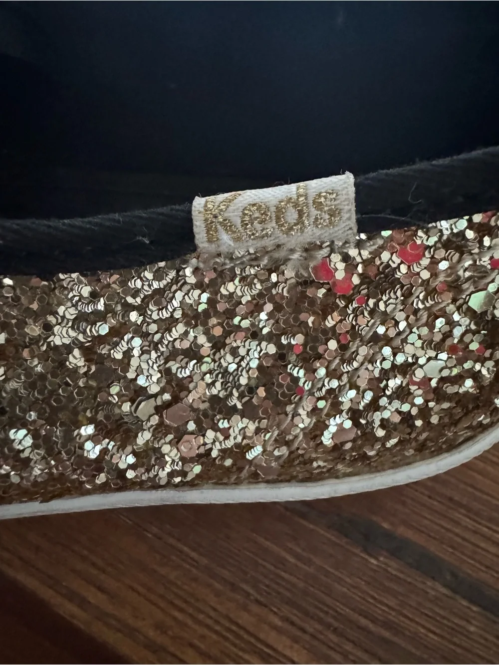 Kate Spade Keds Women's Gold Glitter Lace-Up Sneakers with Black Ribbon